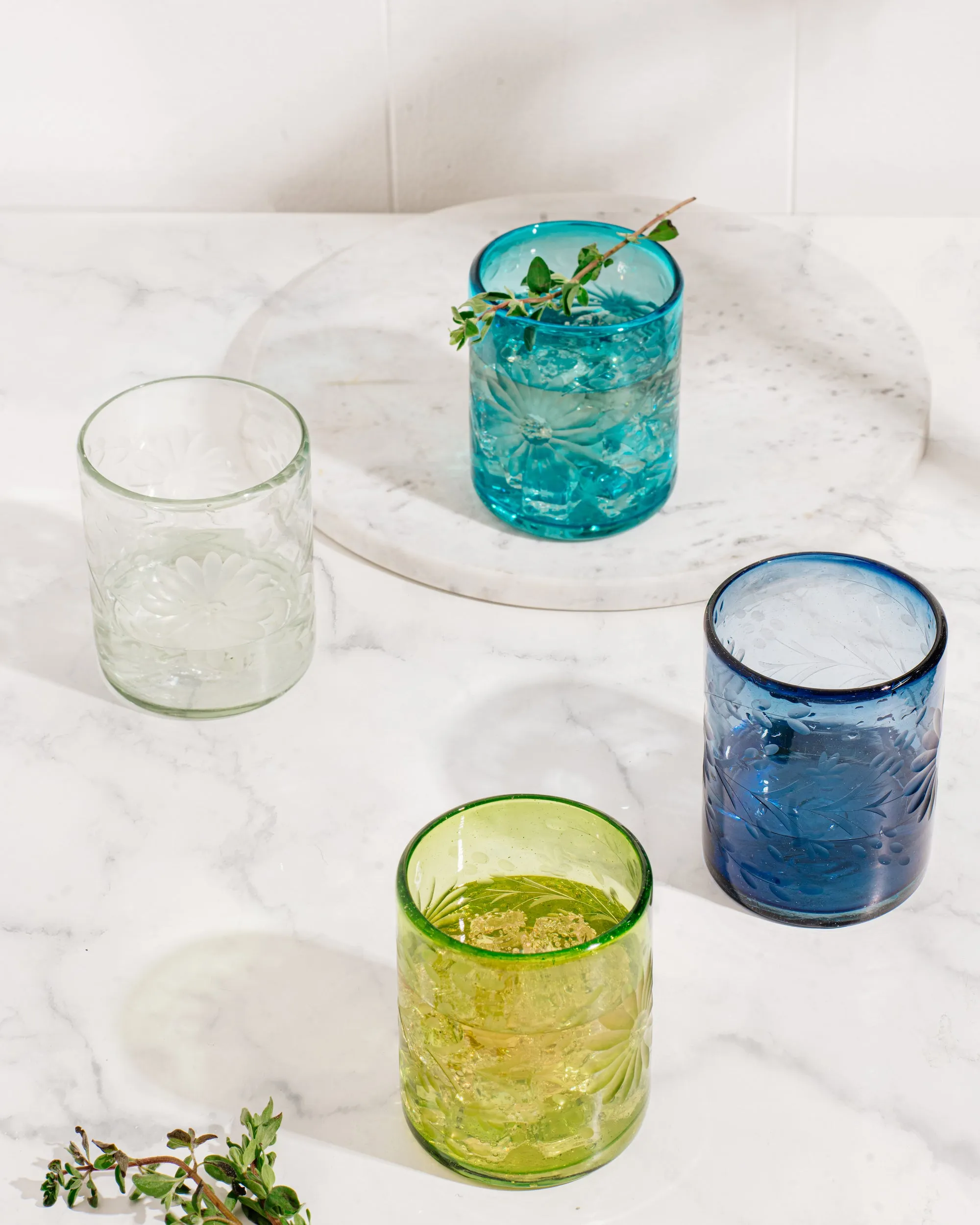 French Blue Etched Glass Tumbler Set