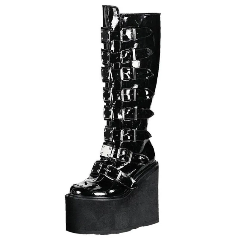 Gothic Platform with Cool Heart-Shaped Buckle Zip-up Vegan Leather Mid-Calf Boots