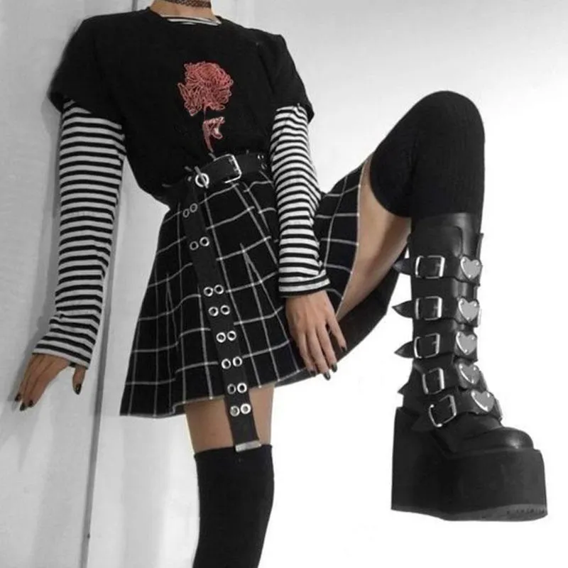 Gothic Platform with Cool Heart-Shaped Buckle Zip-up Vegan Leather Mid-Calf Boots