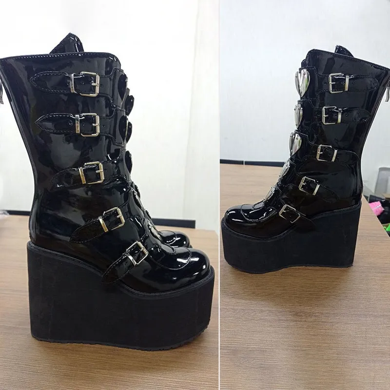 Gothic Platform with Cool Heart-Shaped Buckle Zip-up Vegan Leather Mid-Calf Boots