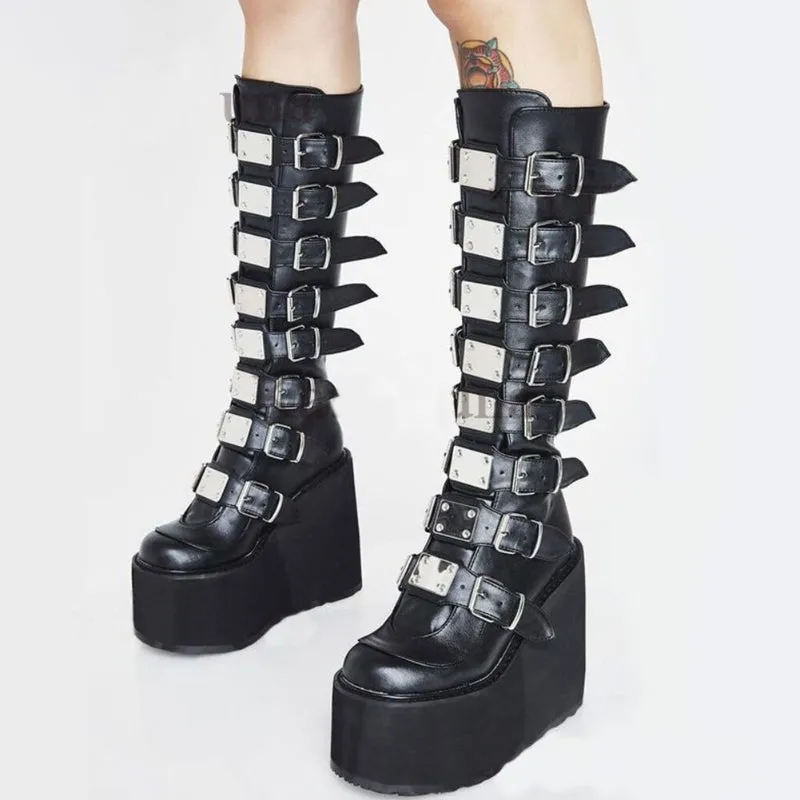 Gothic Platform with Cool Heart-Shaped Buckle Zip-up Vegan Leather Mid-Calf Boots