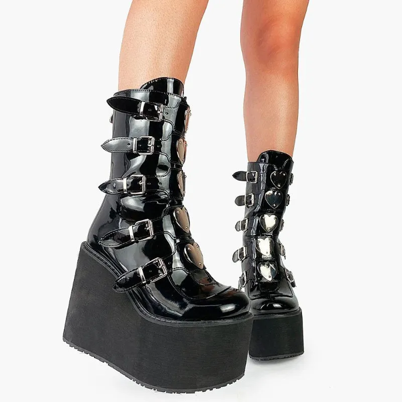 Gothic Platform with Cool Heart-Shaped Buckle Zip-up Vegan Leather Mid-Calf Boots