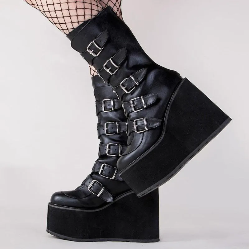 Gothic Platform with Cool Heart-Shaped Buckle Zip-up Vegan Leather Mid-Calf Boots