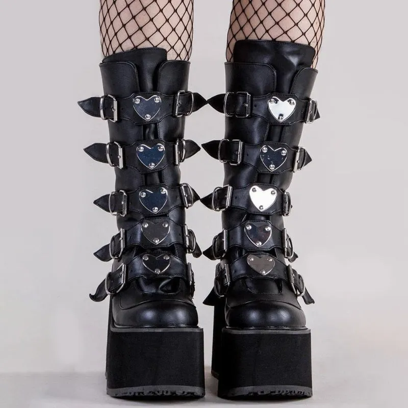 Gothic Platform with Cool Heart-Shaped Buckle Zip-up Vegan Leather Mid-Calf Boots