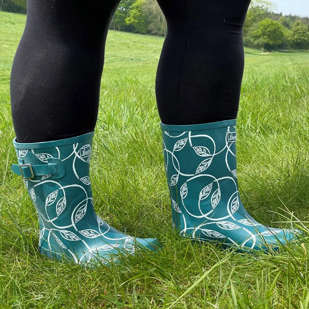 Half Height Rain Boots - Teal with Leaves - Wide Foot and Ankle