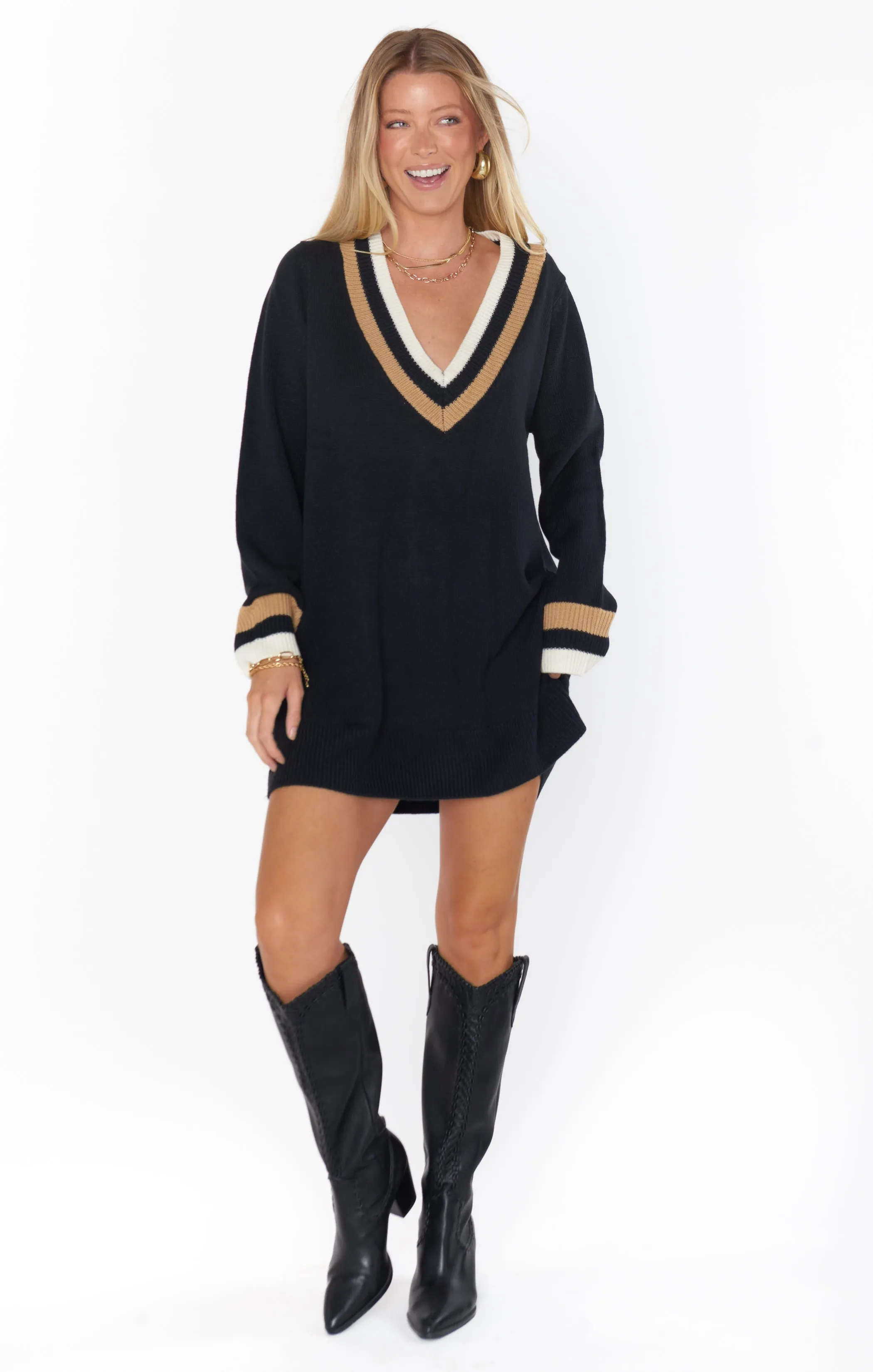 Hartford Sweater Dress ~ Black Varsity Stripe Knit