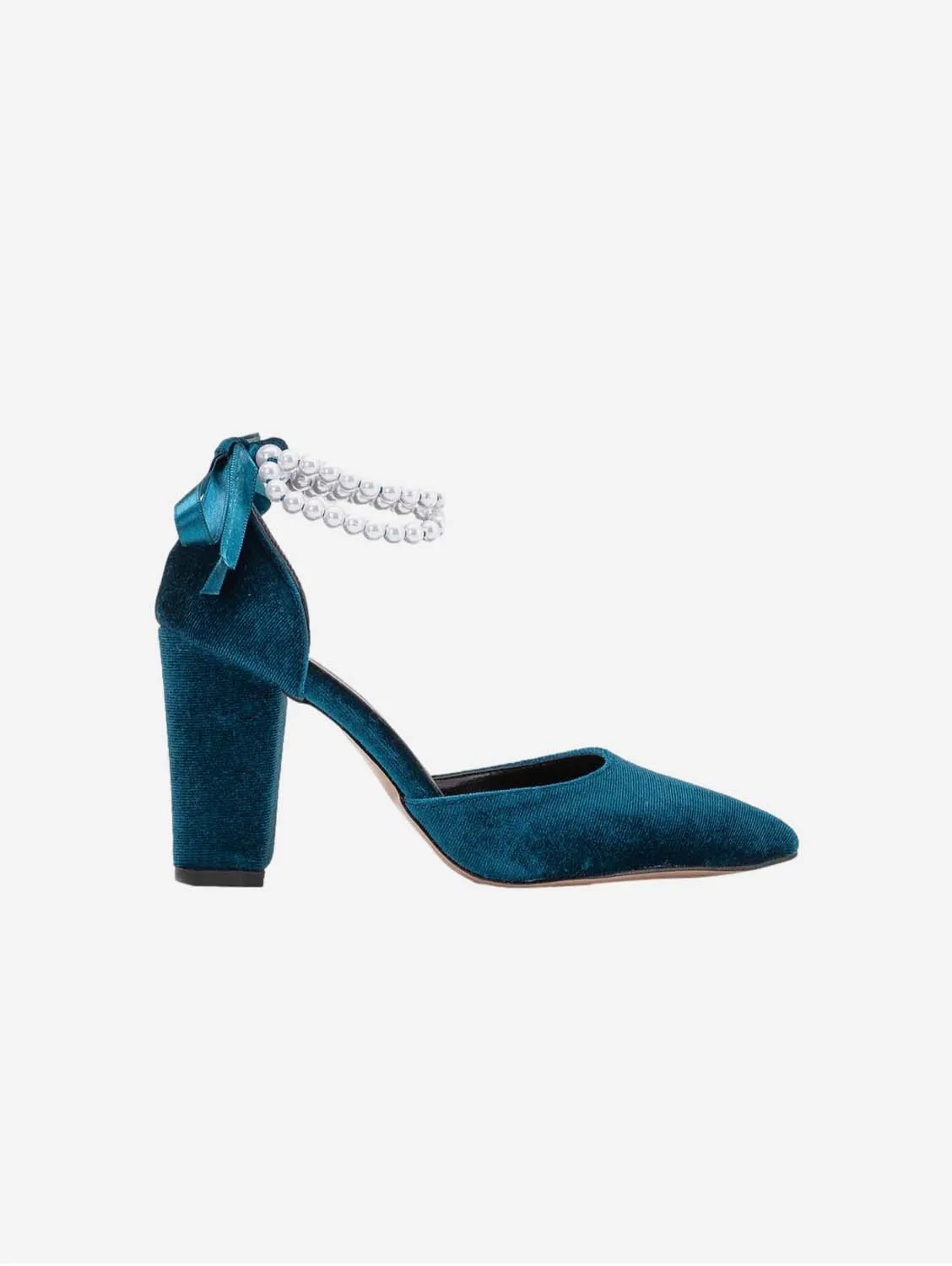 Hazel Vegan Velvet & Pearl Heels | Teal Blue