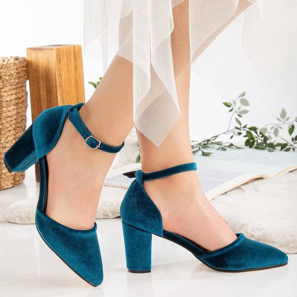 Hazel Vegan Velvet & Pearl Heels | Teal Blue