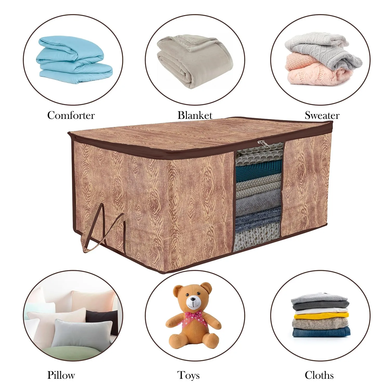 Heart Home Underbed Storage Bag | Clothes Storage Organizer | Blanket Cover with Clear Window | Zipper Closure & Handle Cloth Organizer | Wooden Texture-Design | Large | Pack of 2 | Brown