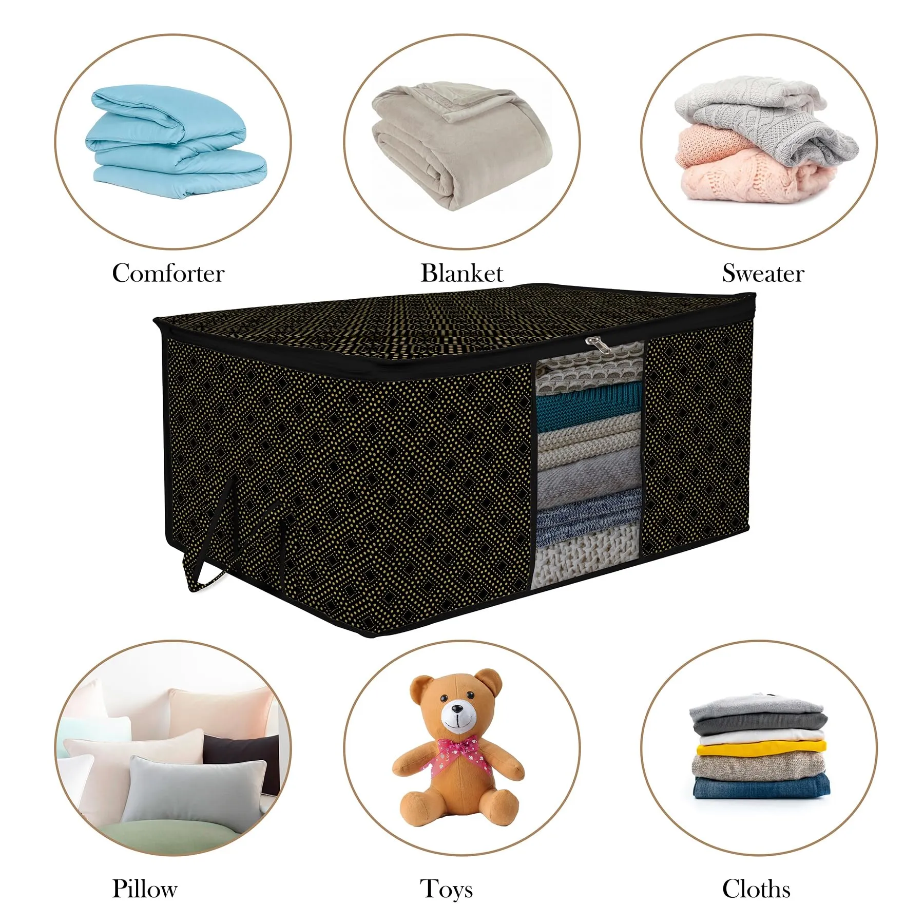 Heart Home Underbed Storage Bag|Clothes Storage Organizer|Clear Window Blanket Cover|Cloth Organizer with Handle|Golden Dot-Design|Large|Pack of 2|Black