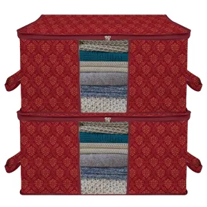 Heart Home Underbed Storage Bag|Clothes Storage Organizer|Clear Window Blanket Cover|Cloth Organizer with Handle|Golden Printed-Design|Large|Pack of 2|Maroon