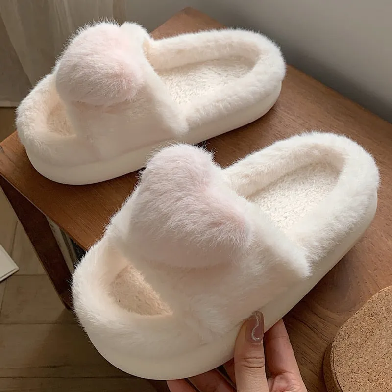 Heart Love Fluffy Fur Slippers Women