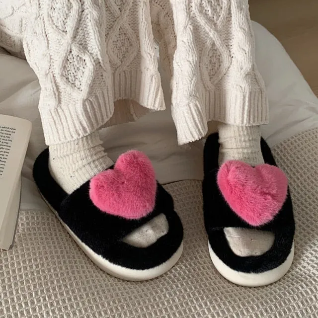 Heart Love Fluffy Fur Slippers Women