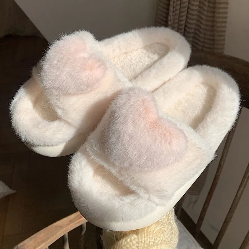 Heart Love Fluffy Fur Slippers Women