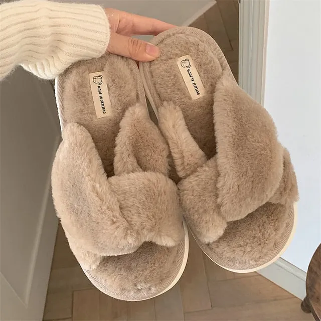 Heart Love Fluffy Fur Slippers Women