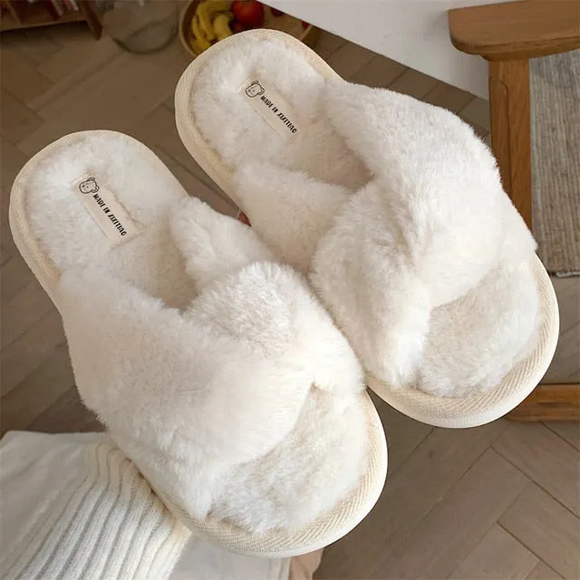 Heart Love Fluffy Fur Slippers Women