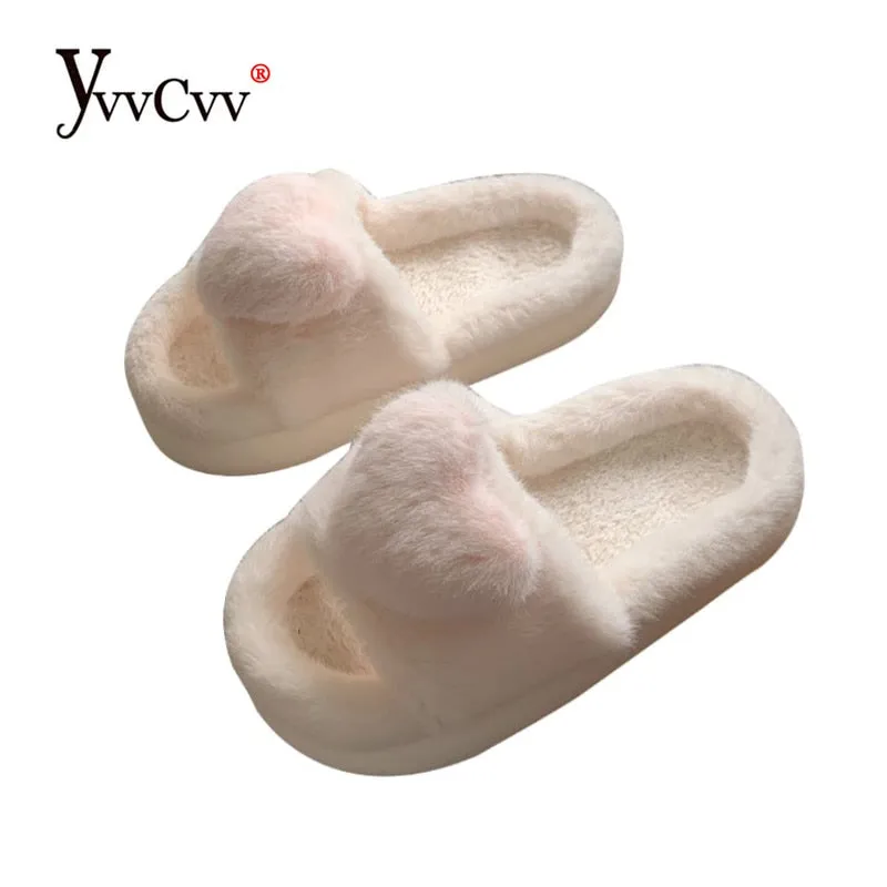 Heart Love Fluffy Fur Slippers Women