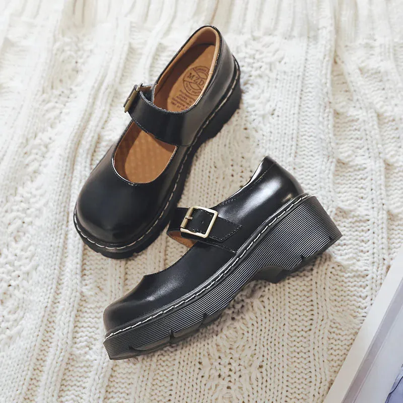 Hnzxzm New Arrival Japanese Style Vintage Buckle Mary Janes Shoes Women'S Shallow Mouth Casual Student Leather Shoes Thick Bottom