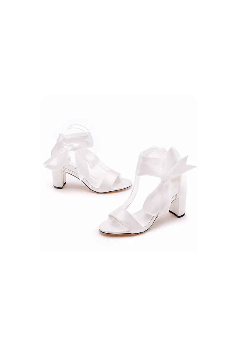 Ivory Satin Tied Open Toe Ankle Strap Chunky Heel Sandals