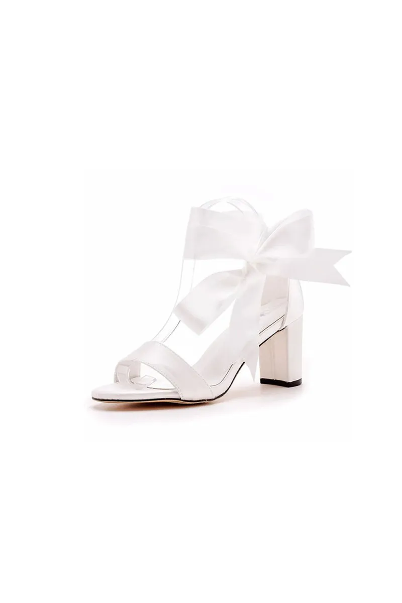 Ivory Satin Tied Open Toe Ankle Strap Chunky Heel Sandals