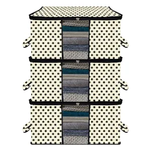 Kuber Industries Underbed Storage Bag | Clothes Storage Organizer | Blanket Cover with Clear Window | Zipper Closure & Handle Cloth Organizer | Dot-Design | Large | Pack of 3 | Cream