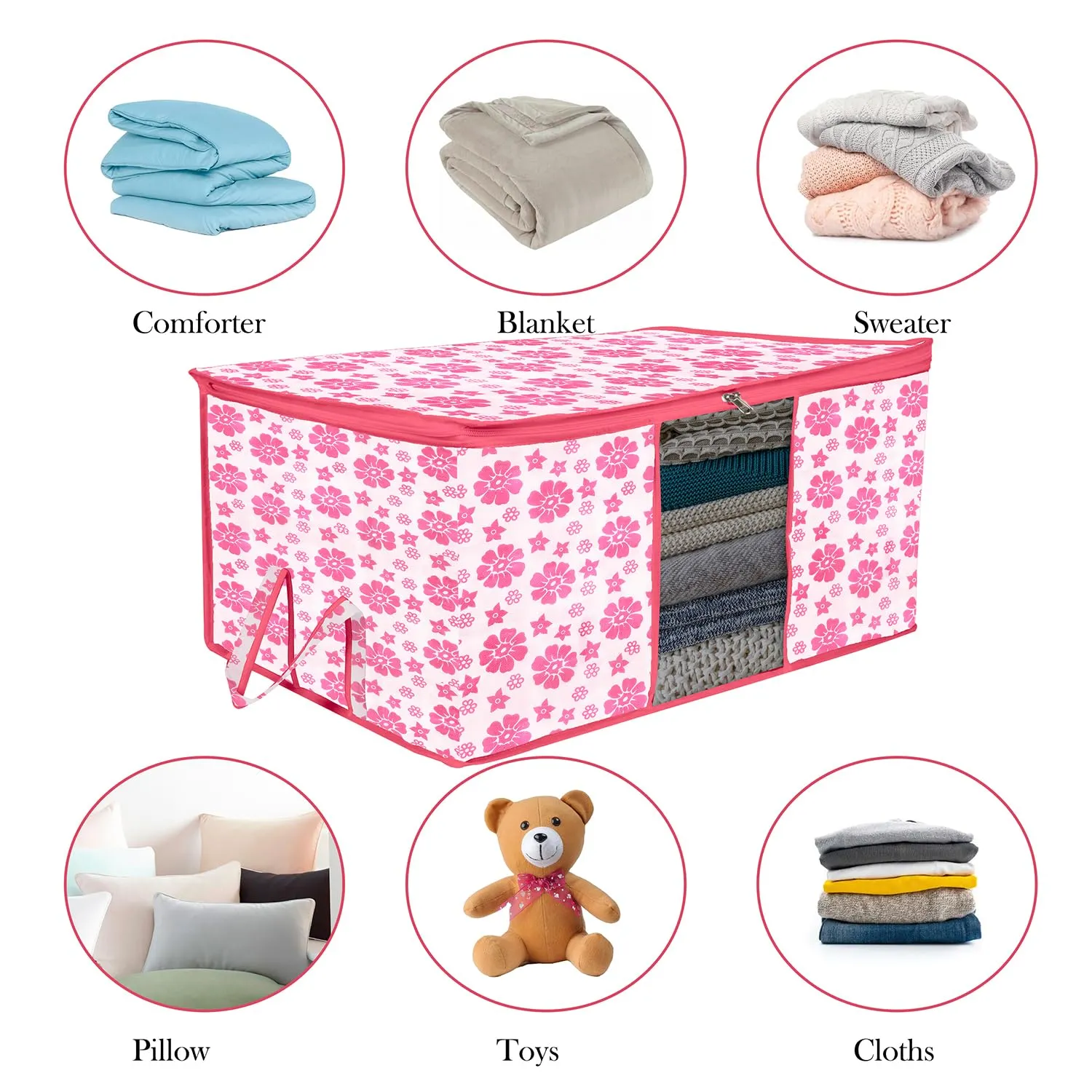 Kuber Industries Underbed Storage Bag | Clothes Storage Organizer | Blanket Cover with Clear Window | Zipper Closure & Handle Cloth Organizer | Flower-Design | Large | Pack of 6 | Pink