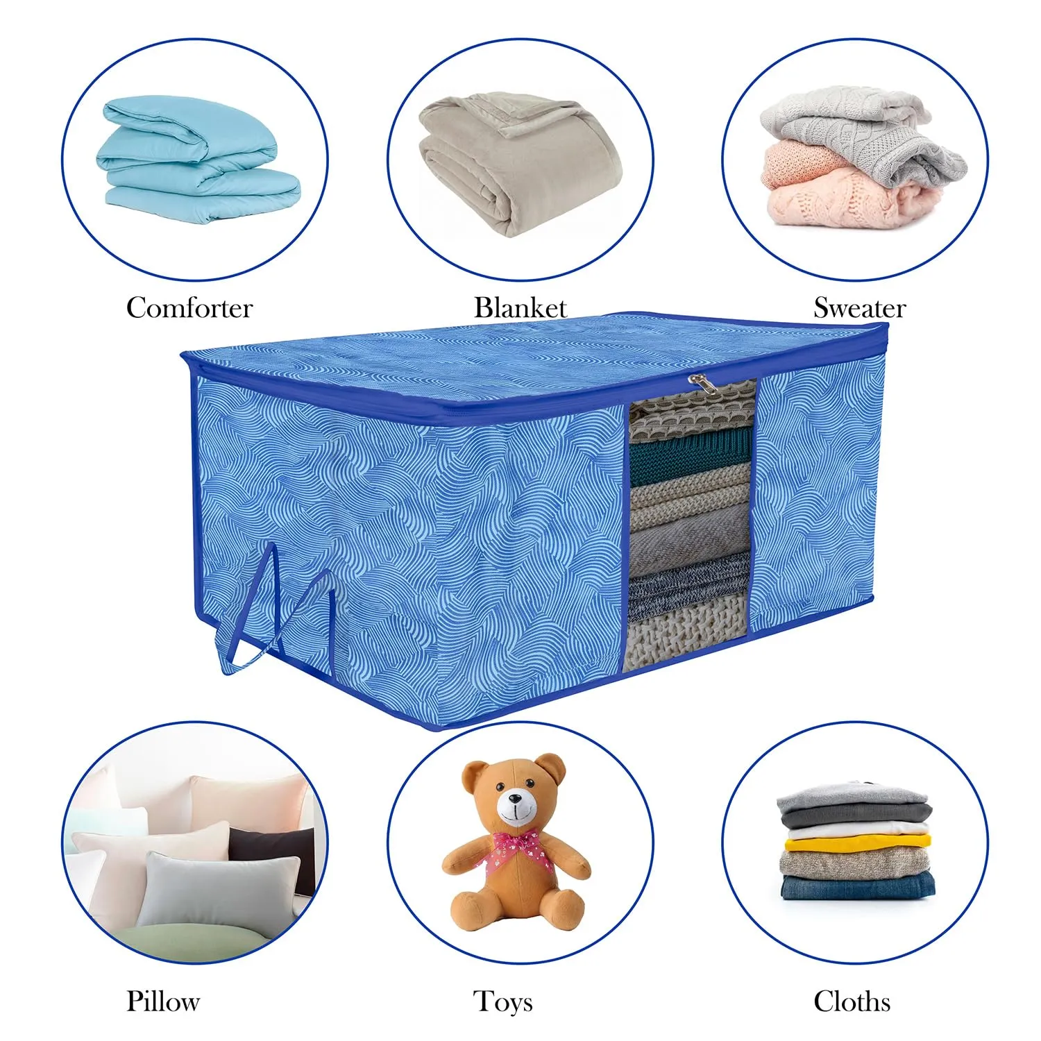 Kuber Industries Underbed Storage Bag | Clothes Storage Organizer | Blanket Cover with Clear Window | Zipper Closure & Handle Cloth Organizer | Lahariya-Design | Large | Pack of 2 | Blue