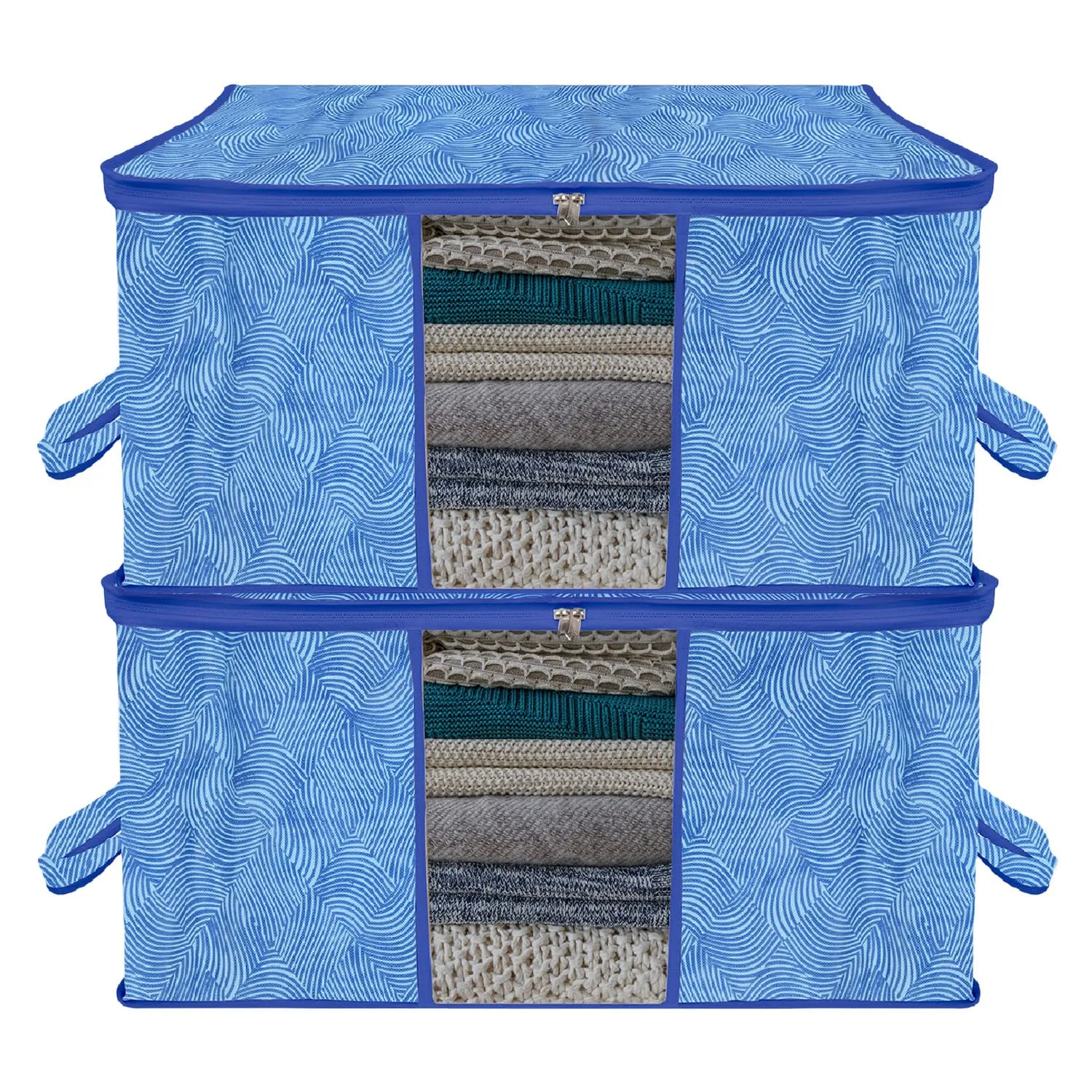 Kuber Industries Underbed Storage Bag | Clothes Storage Organizer | Blanket Cover with Clear Window | Zipper Closure & Handle Cloth Organizer | Lahariya-Design | Large | Pack of 2 | Blue