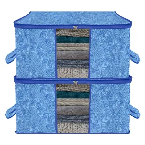 Kuber Industries Underbed Storage Bag | Clothes Storage Organizer | Blanket Cover with Clear Window | Zipper Closure & Handle Cloth Organizer | Lahariya-Design | Large | Pack of 2 | Blue