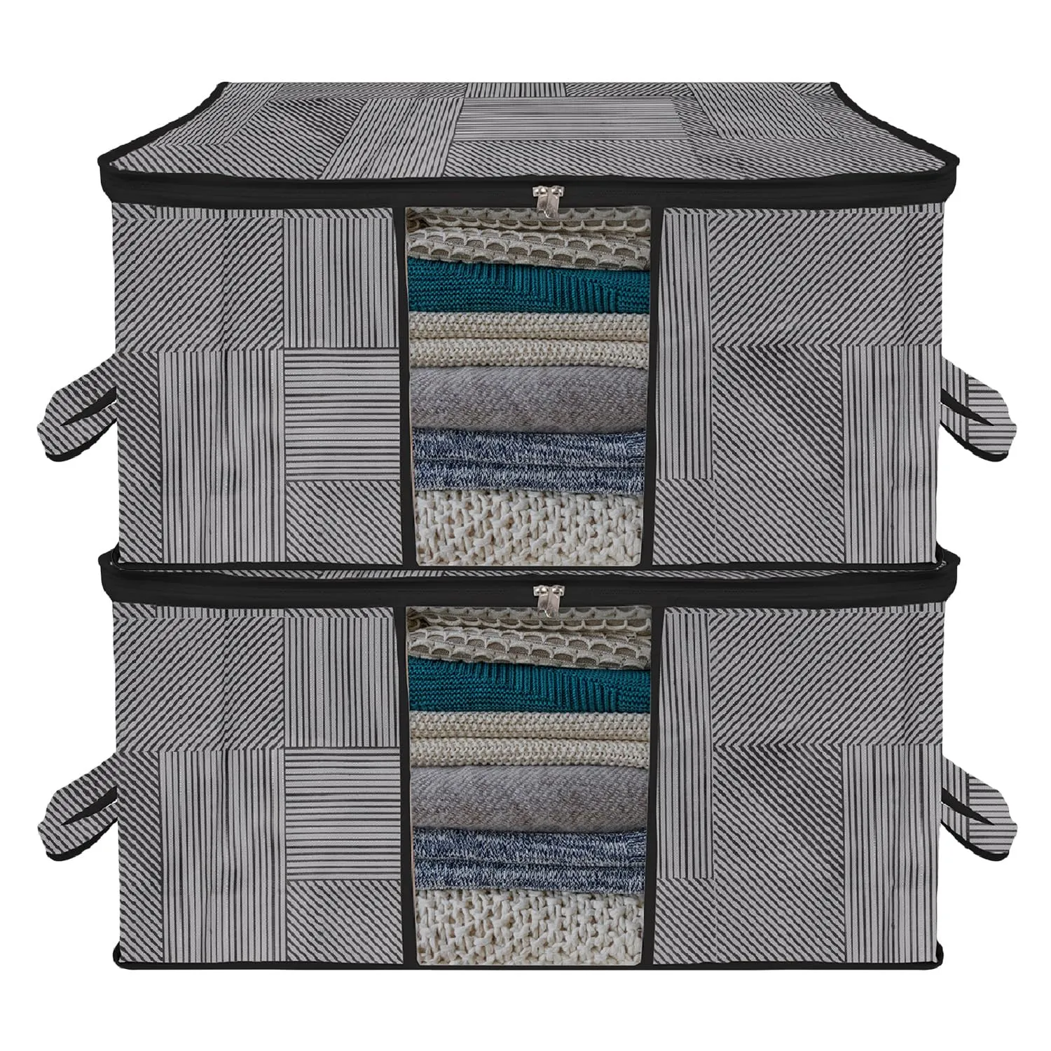 Kuber Industries Underbed Storage Bag | Clothes Storage Organizer | Blanket Cover with Clear Window | Zipper Closure & Handle Cloth Organizer | Lining-Design | Large | Pack of 2 | Gray