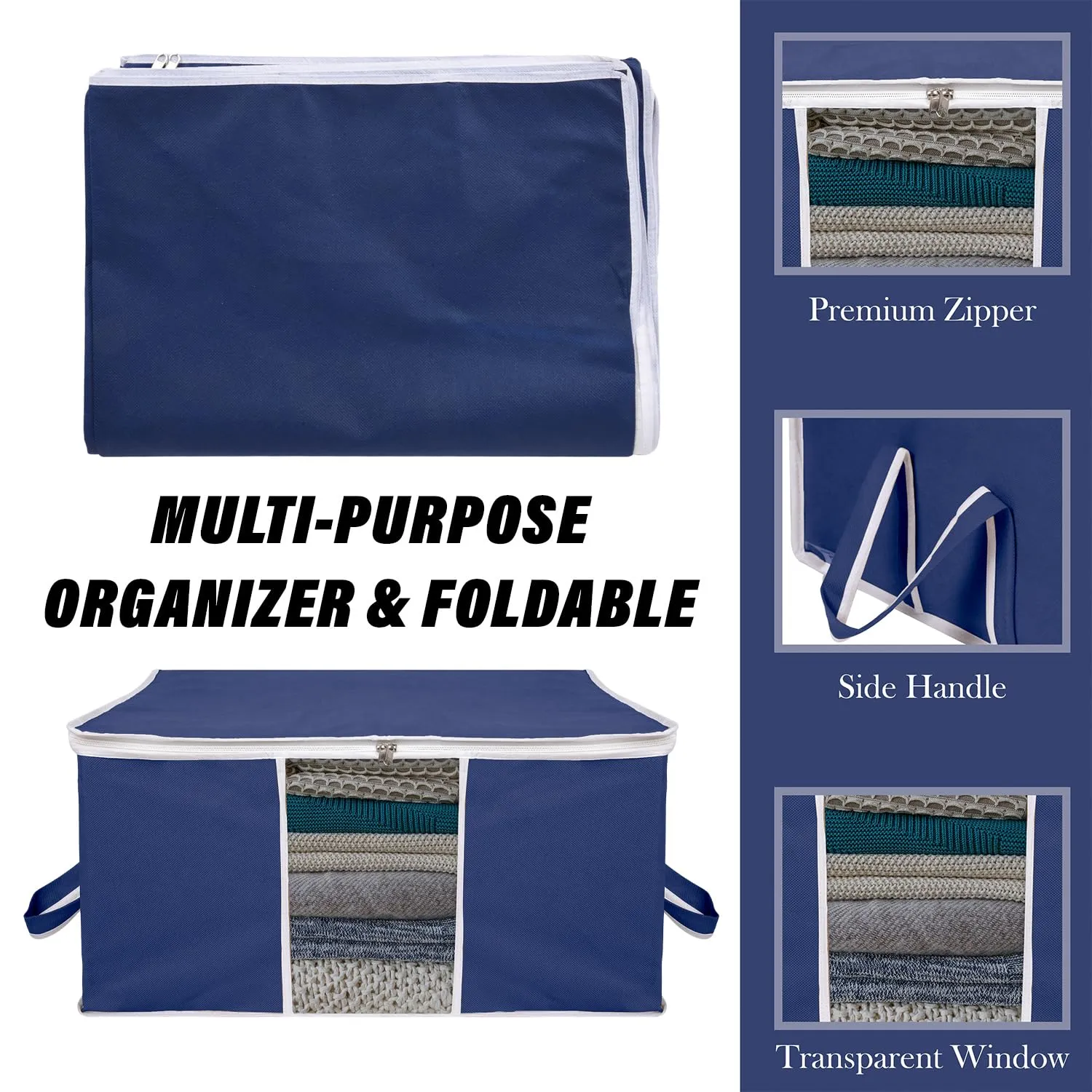 Kuber Industries Underbed Storage Bag | Clothes Storage Organizer | Blanket Cover with Clear Window | Zipper Closure & Handle Cloth Organizer | Plain White Border | Large | Pack of 6 | Navy Blue