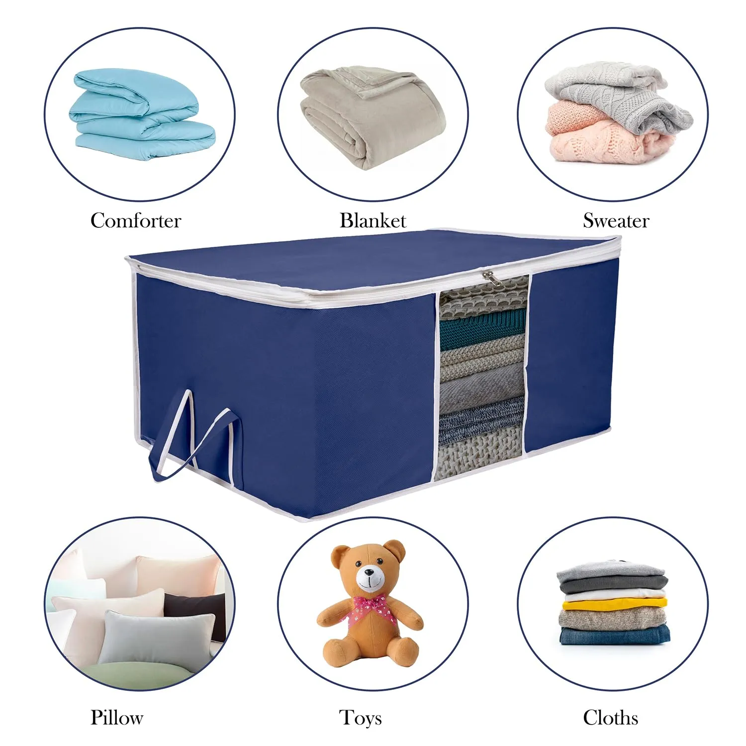 Kuber Industries Underbed Storage Bag | Clothes Storage Organizer | Blanket Cover with Clear Window | Zipper Closure & Handle Cloth Organizer | Plain White Border | Large | Pack of 6 | Navy Blue