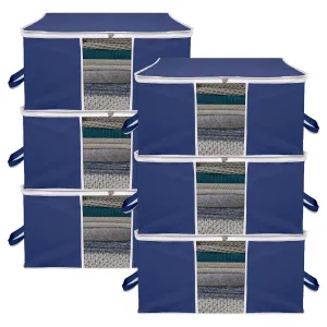 Kuber Industries Underbed Storage Bag | Clothes Storage Organizer | Blanket Cover with Clear Window | Zipper Closure & Handle Cloth Organizer | Plain White Border | Large | Pack of 6 | Navy Blue