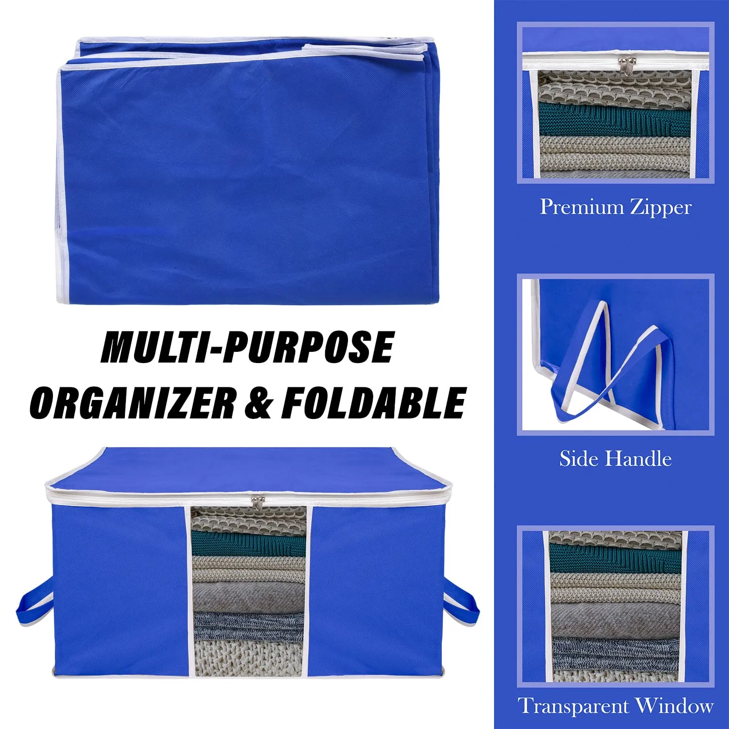 Kuber Industries Underbed Storage Bag | Clothes Storage Organizer | Blanket Cover with Clear Window | Zipper Closure & Handle Cloth Organizer | Plain White Border | Large | Pack of 6 | Royal Blue