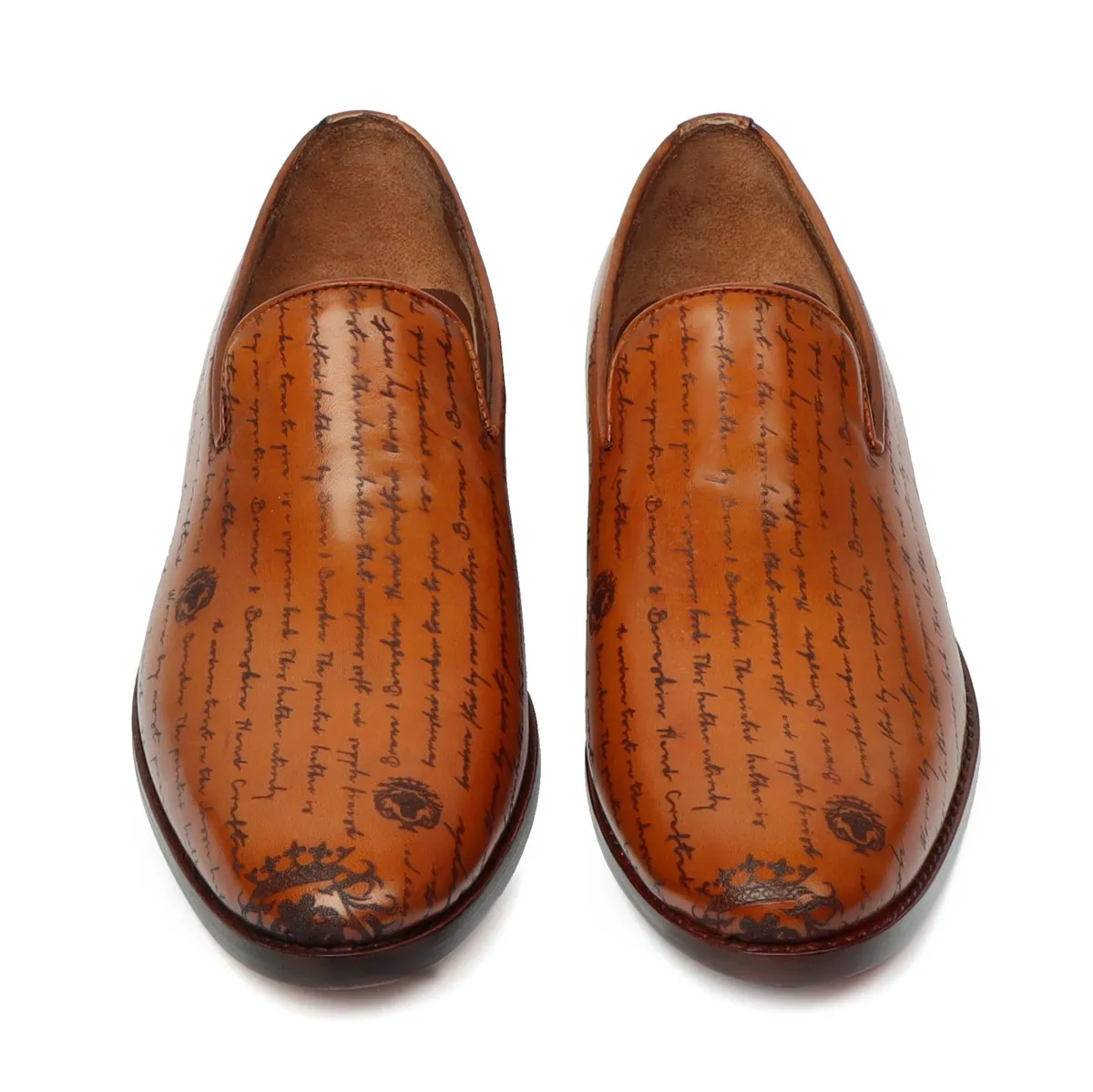 Laser Engraved Tan  Slip-On's Shoe with Contrasting Full laser