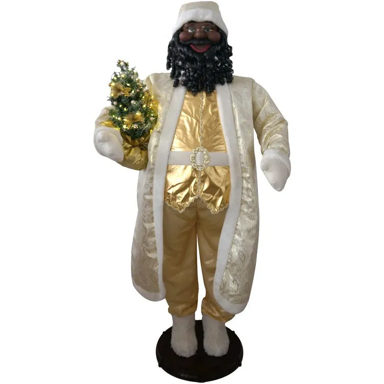 Life-Size 58" African American Dancing Santa in Paisley Coat with Tiny Tree