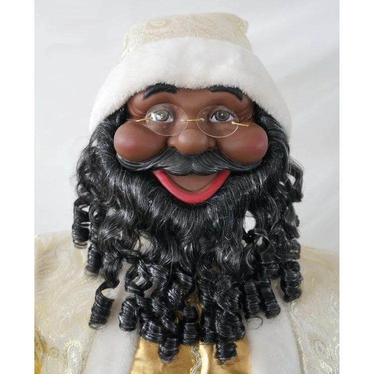 Life-Size 58" African American Dancing Santa in Paisley Coat with Tiny Tree