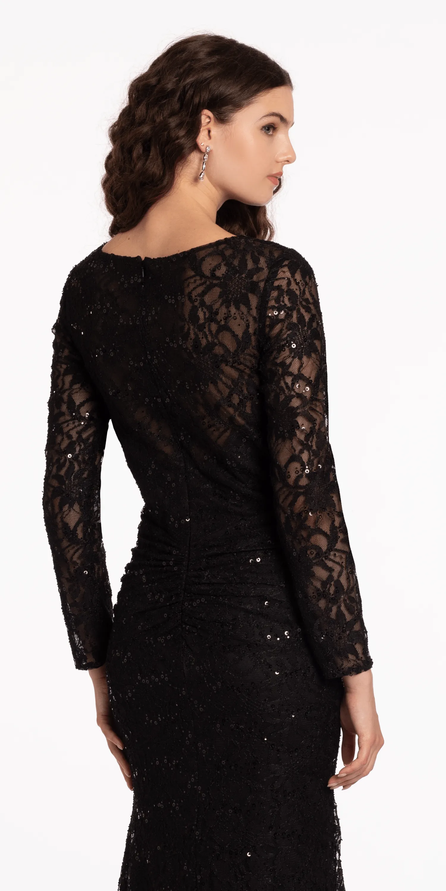 Long Sleeve Sequin Lace Boatneck Trumpet Dress with Sweep Train