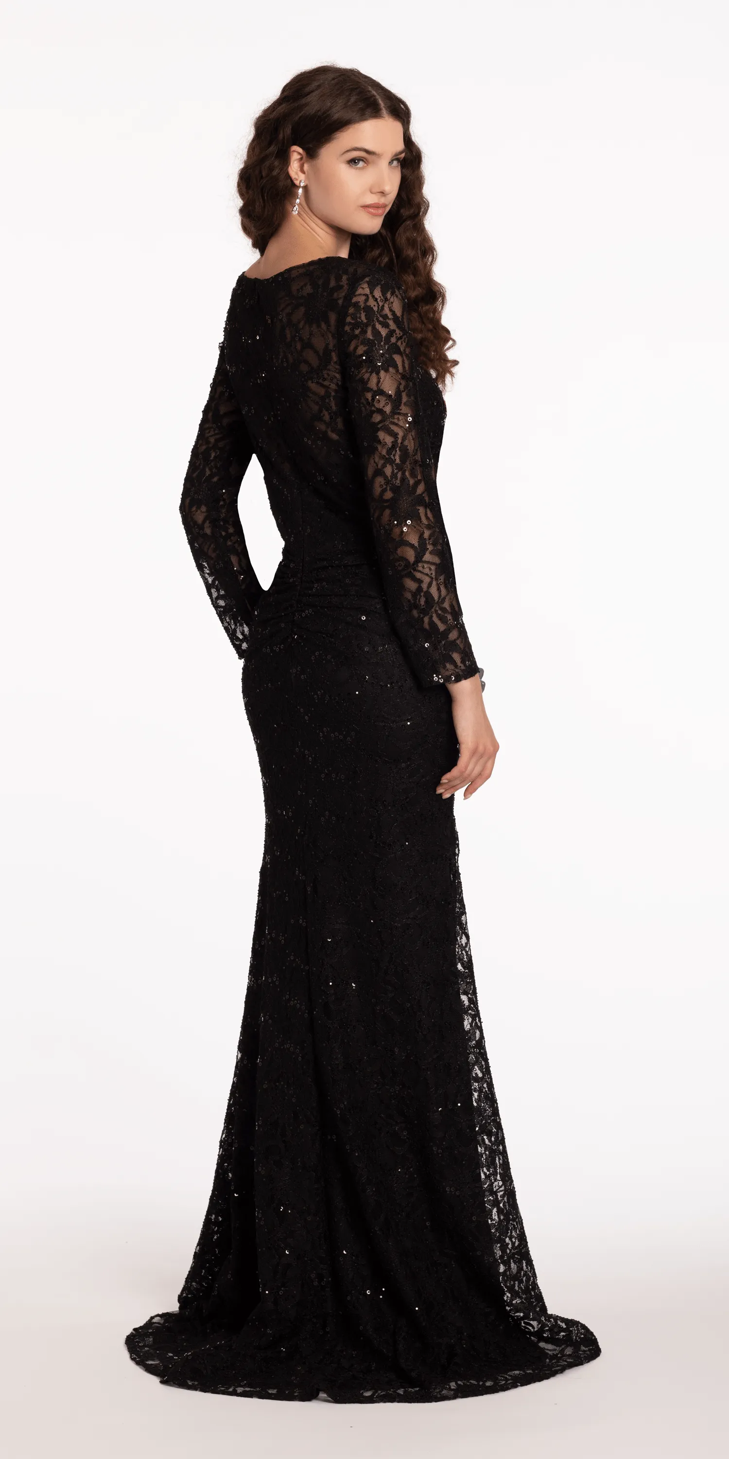 Long Sleeve Sequin Lace Boatneck Trumpet Dress with Sweep Train