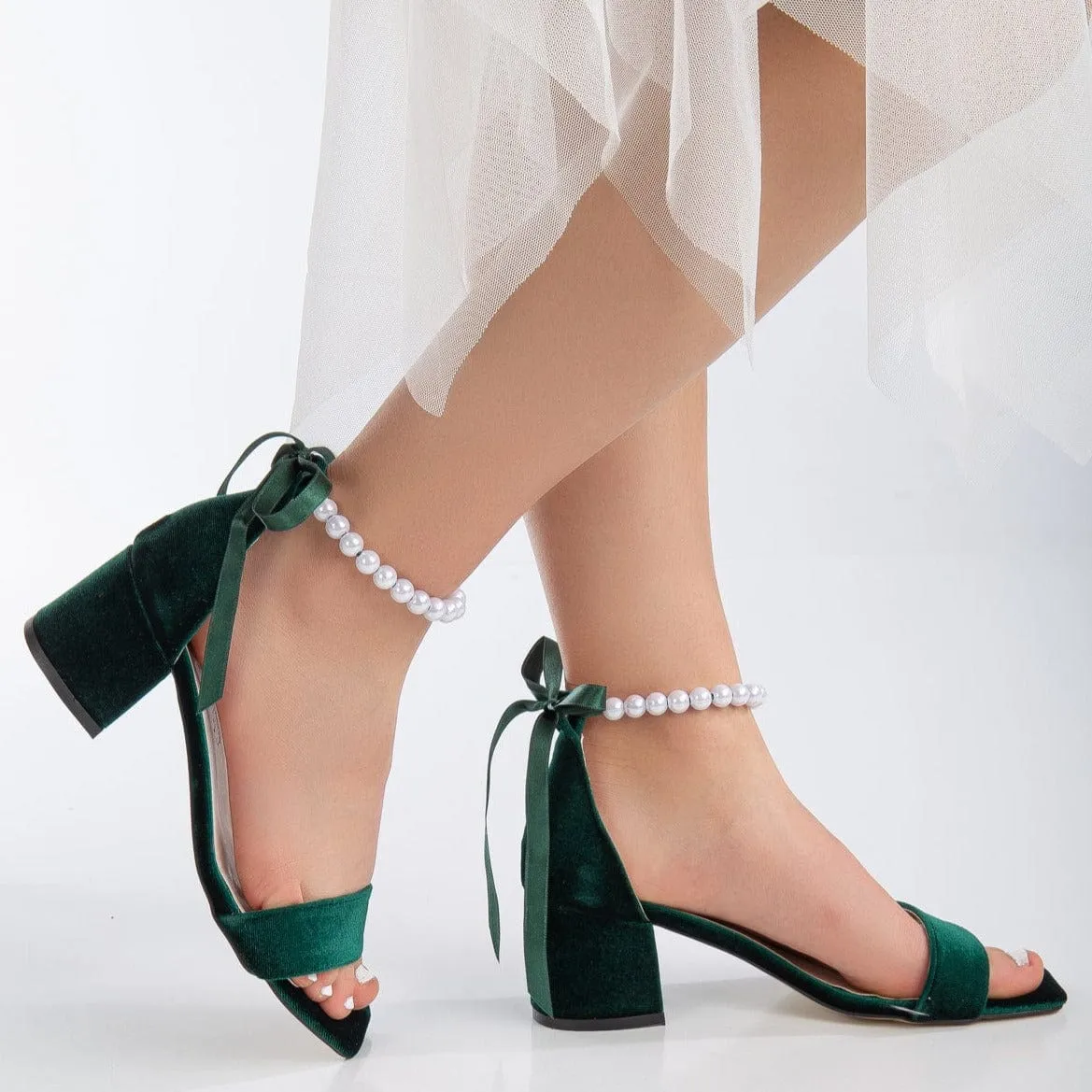 Lucille Vegan Velvet Pearl Heeled Sandals | Green