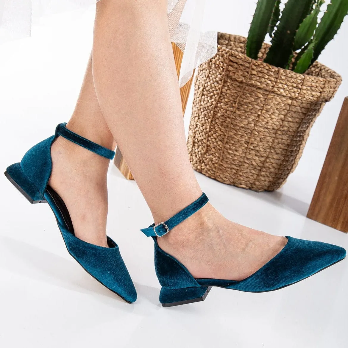 Madeline Vegan Velvet Flats | Teal Blue