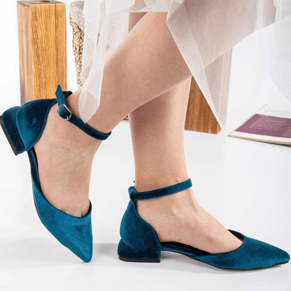 Madeline Vegan Velvet Flats | Teal Blue