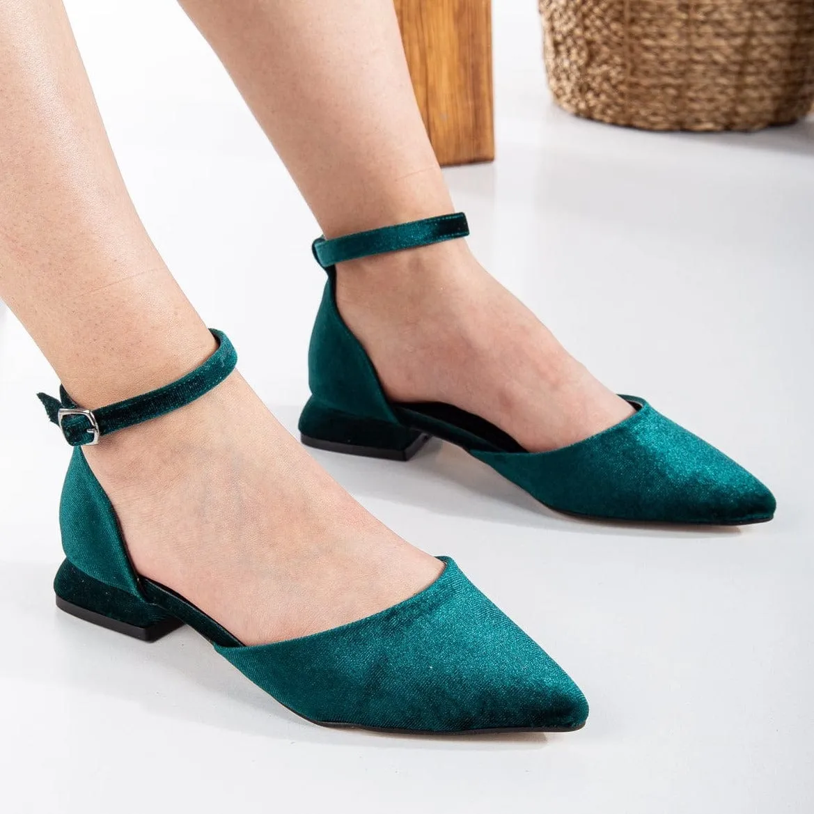 Madeline Vegan Velvet Ribbon Flats | Emerald Green