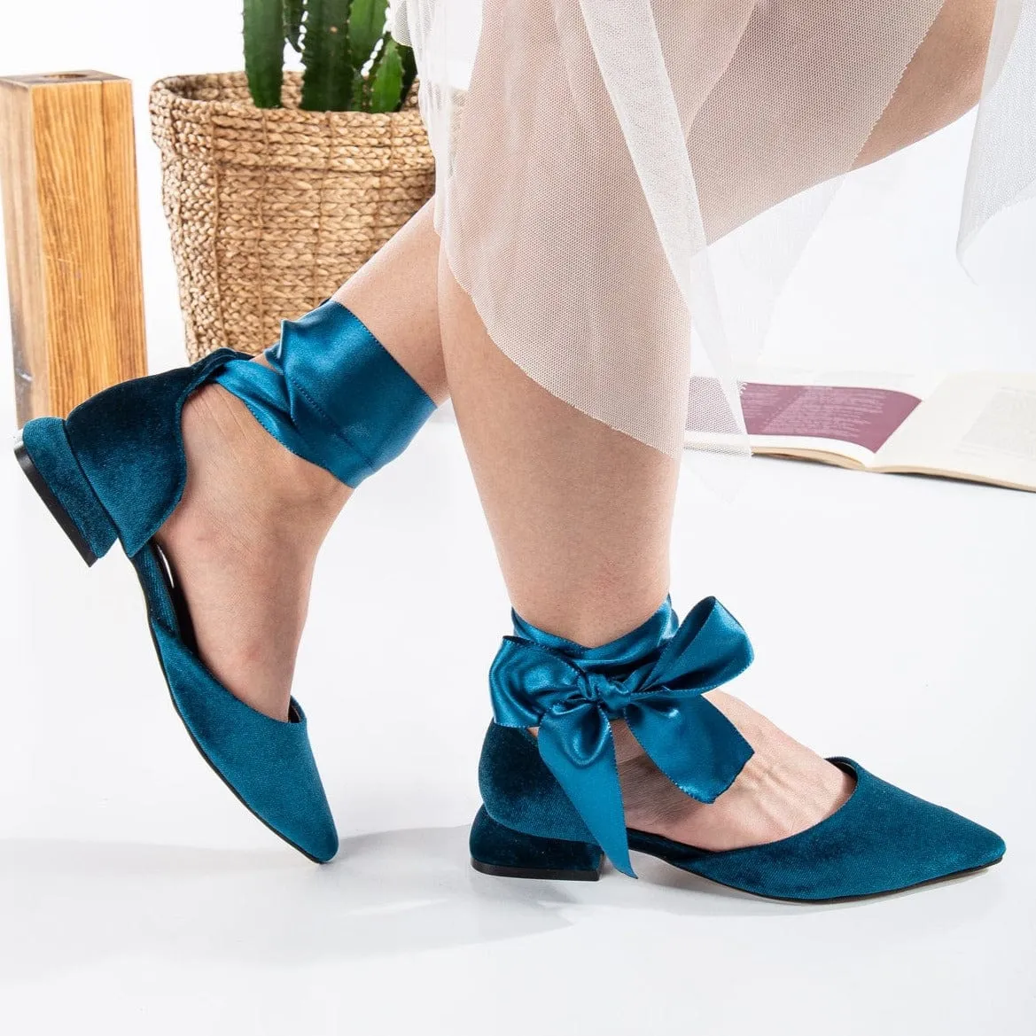 Madeline Vegan Velvet Ribbon Flats | Teal Blue