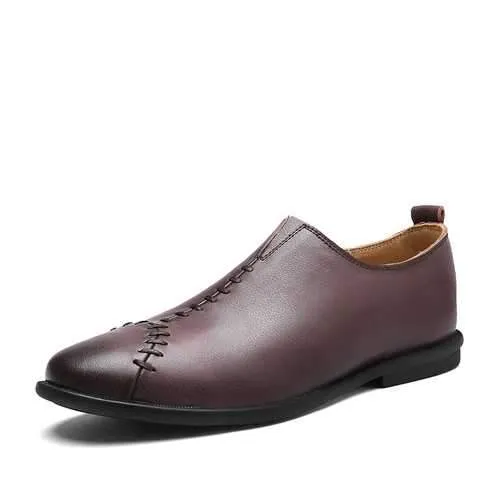 Men Comnfy Genuine Leather Cap Toe Stitching Slip On Flat