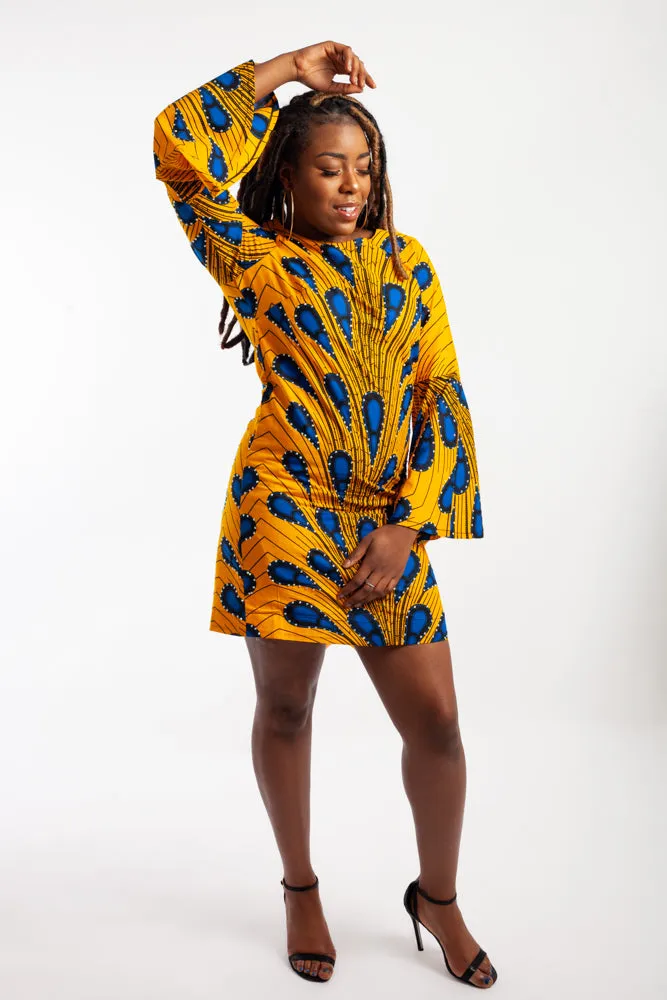 Mini Ankara Dress with bell sleeves embellished with Rhinestones