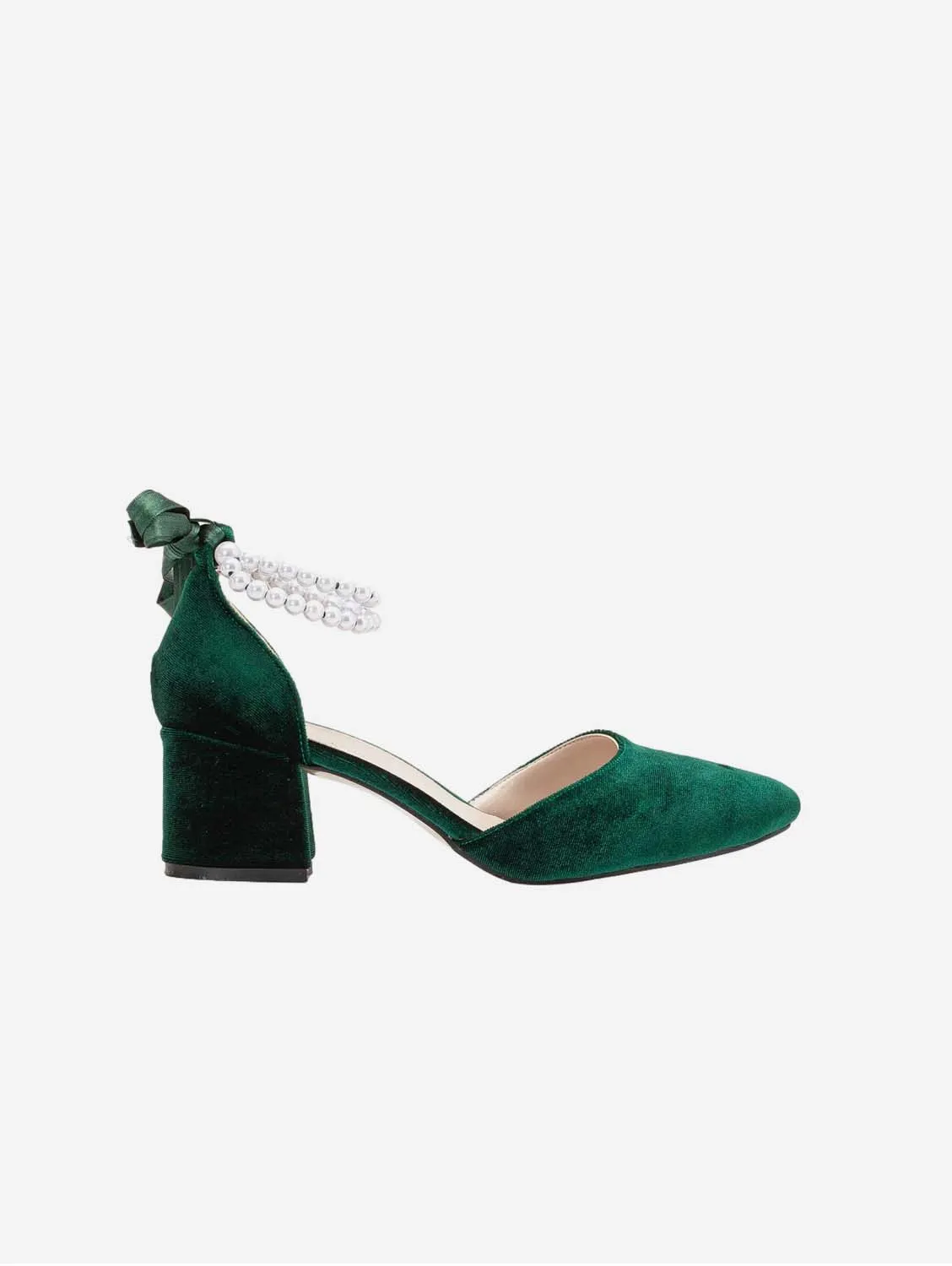 Miranda Vegan Velvet & Pearl Block Heel Sandals | Emerald Green