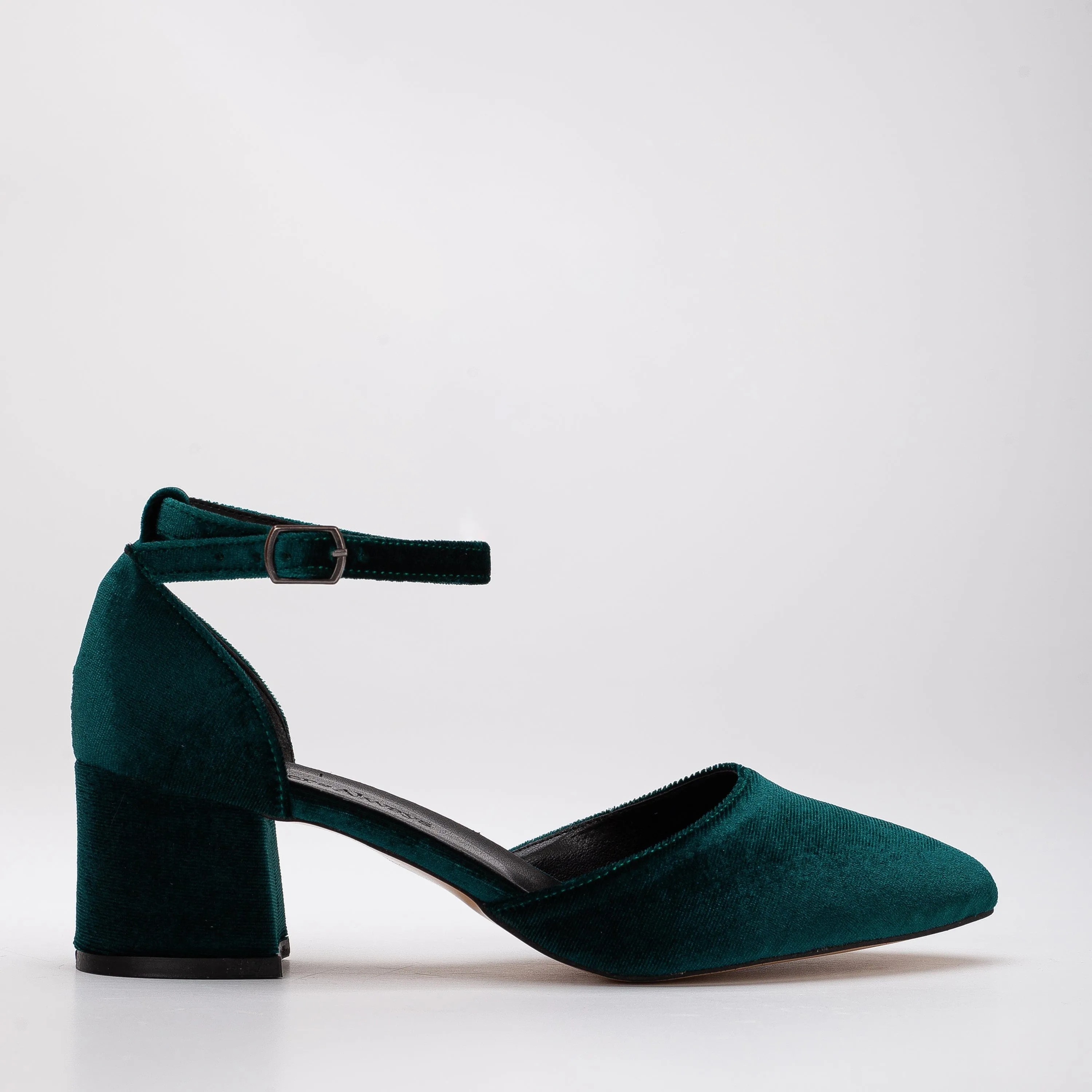 Miranda Vegan Velvet & Pearl Block Heel Sandals | Emerald Green