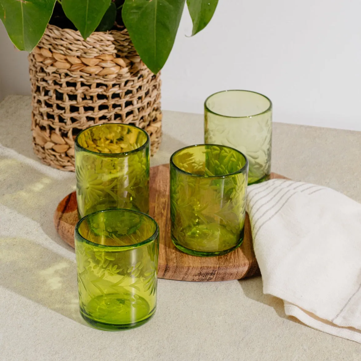 Olive Green Etched Glass Tumbler Set