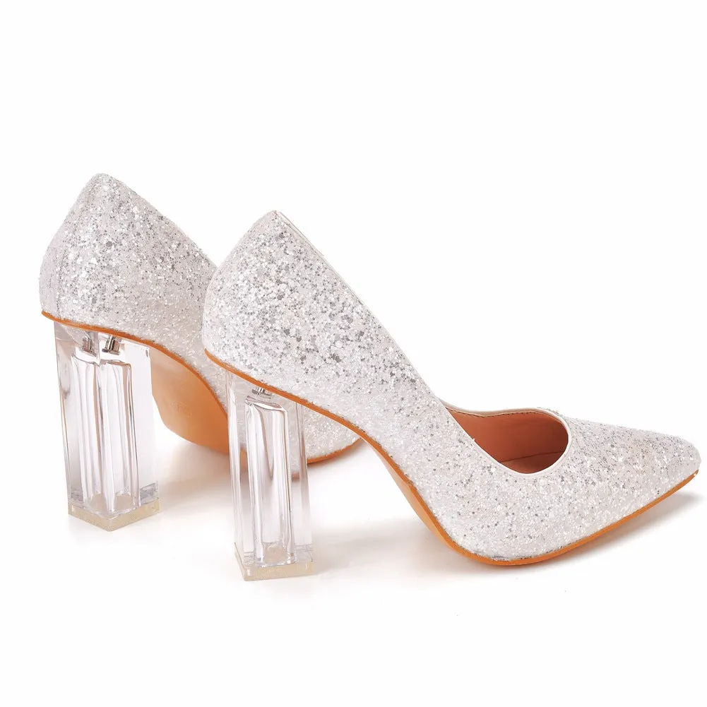 Pointed Toe Satin Crystal Transparent Slip On High Heels